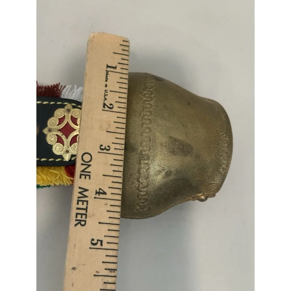 Vintage brass bronze cowbell decorated leather strap alpine folk art souvenir